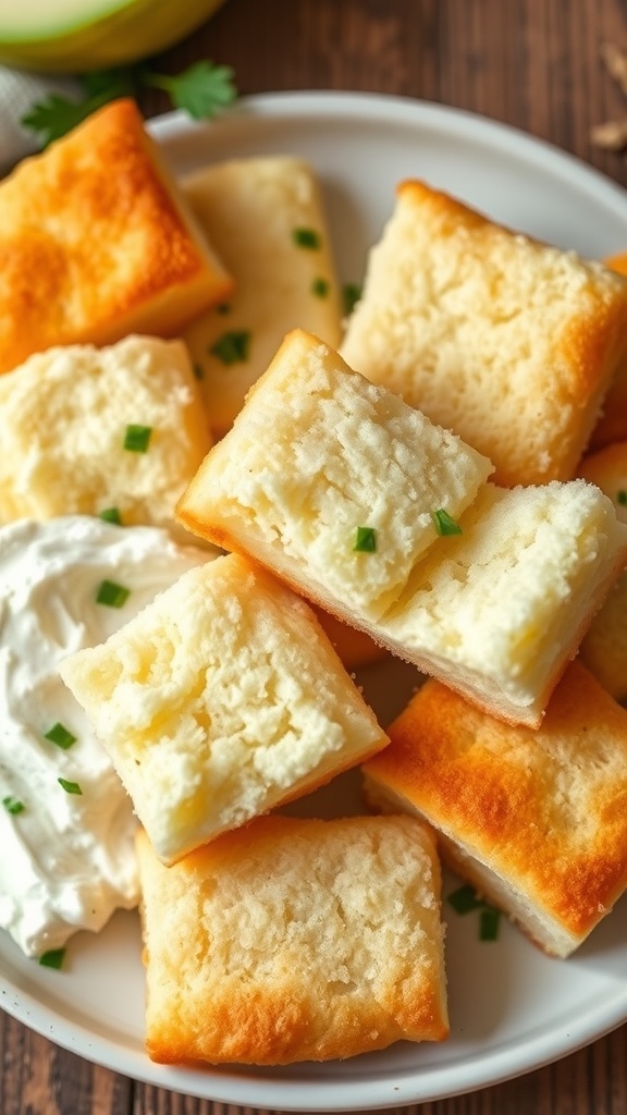 Fluffy cloud bread pieces on a plate, golden brown with a soft texture, served with cream cheese.